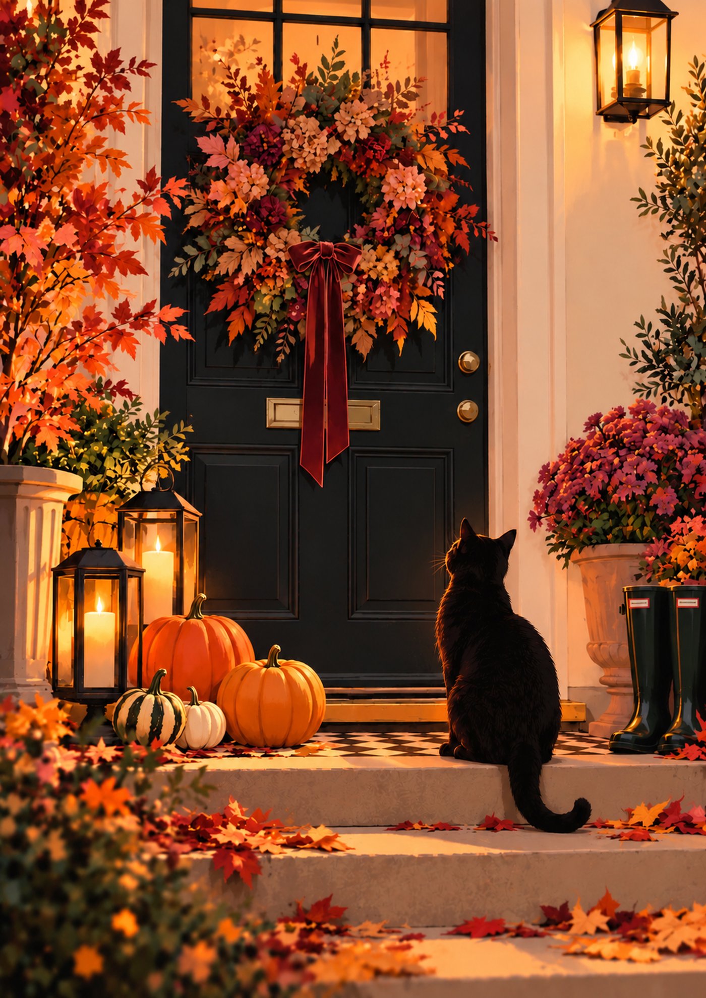 Autumn Black Cat Porch Print artwork, full print