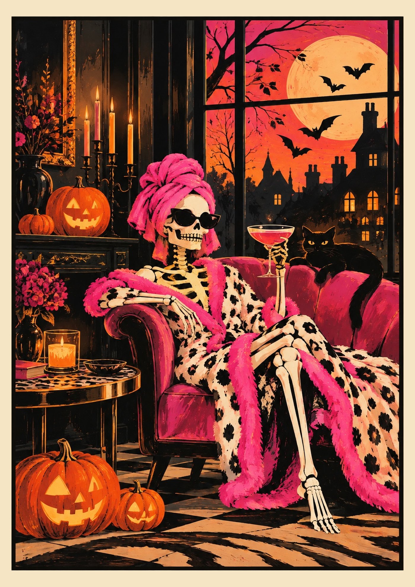 Pink Halloween Skeleton Print artwork, full print