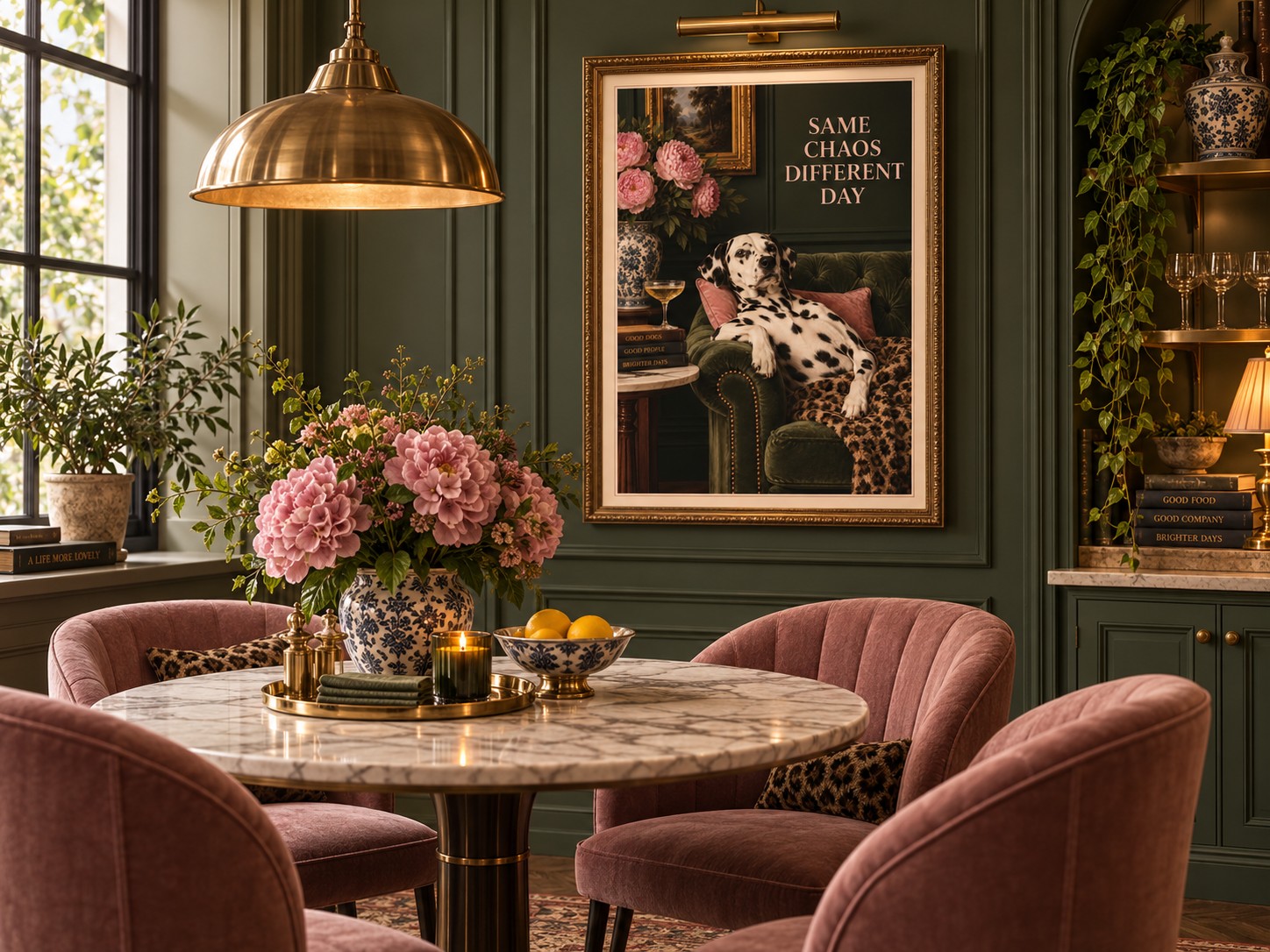 Funny Dalmatian print framed in a forest-green dining room