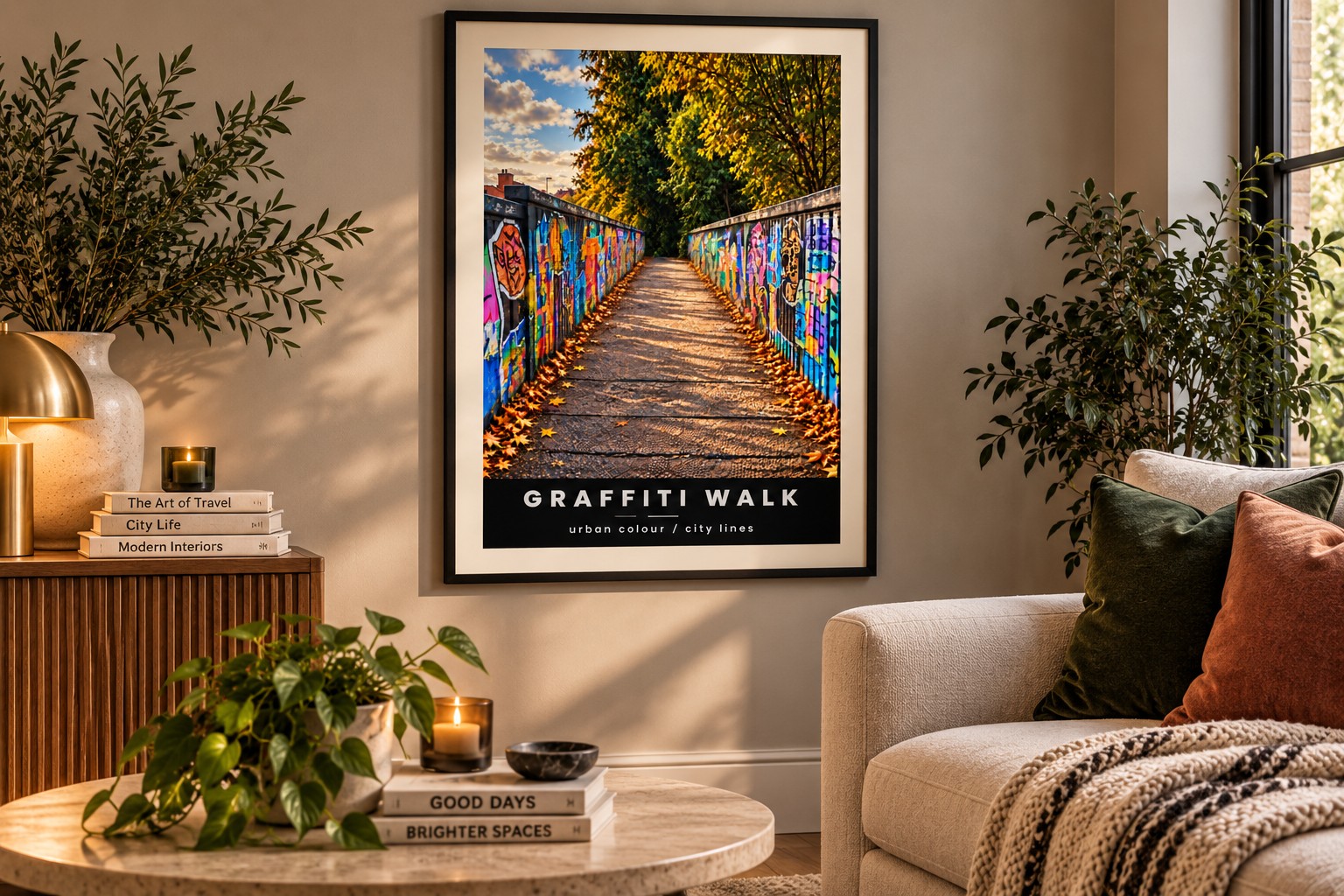 Graffiti Walk print framed in a warm contemporary living room