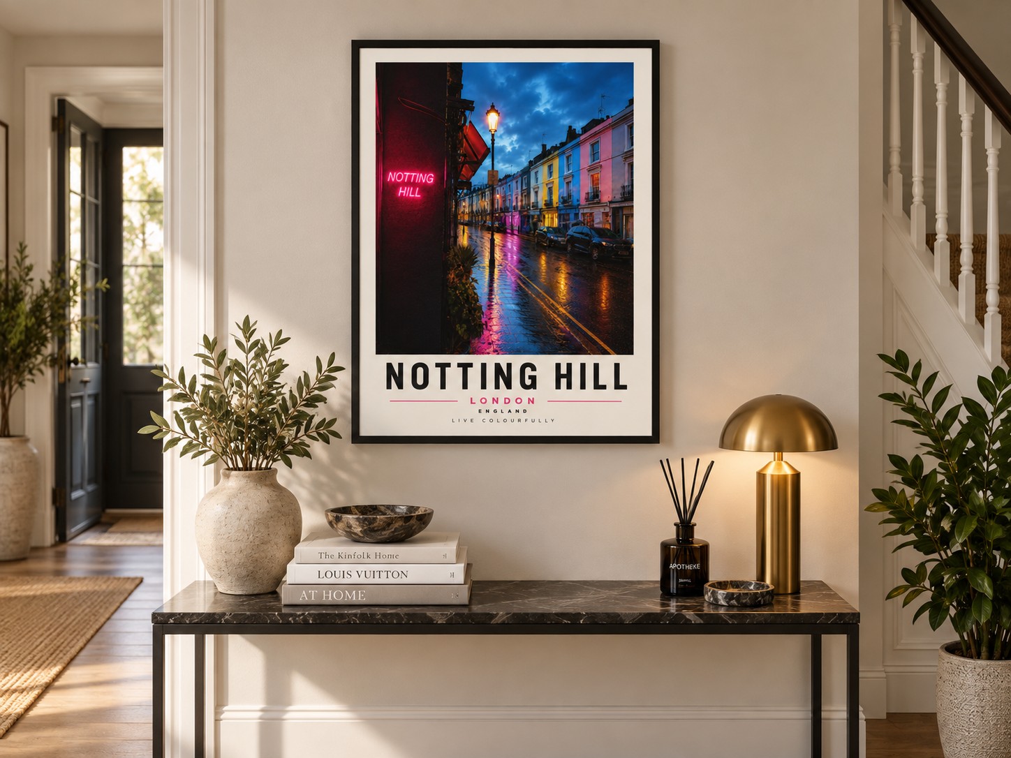 Notting Hill London print framed above a marble console in a bright hallway